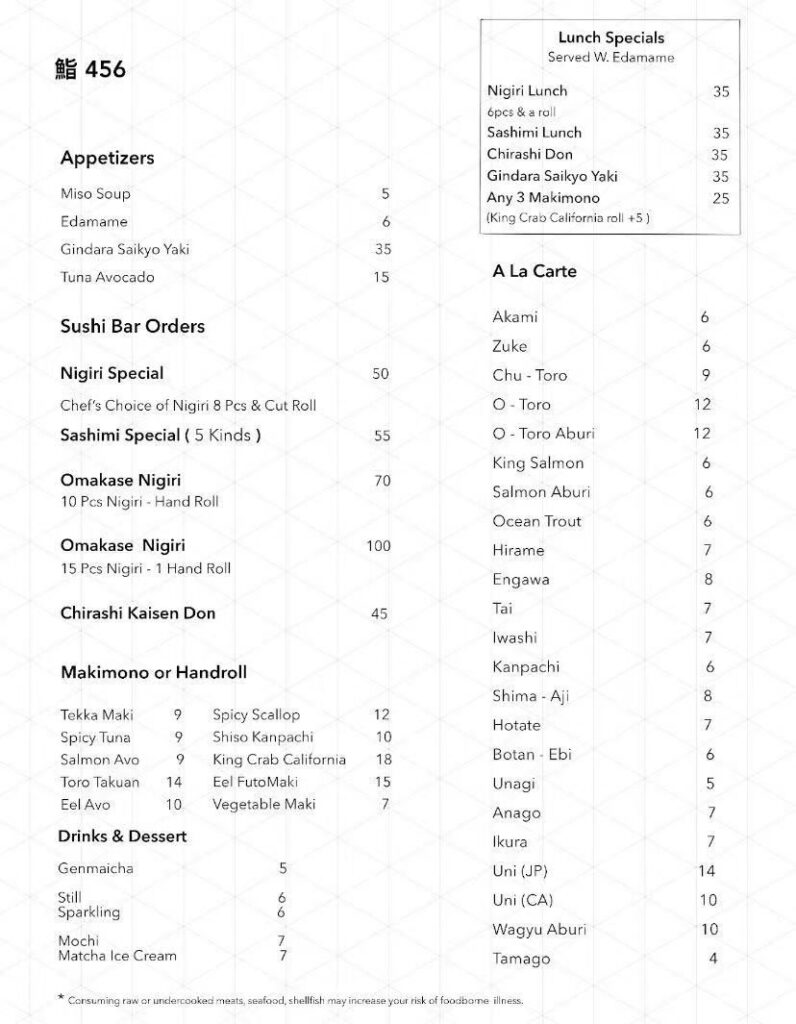 Sushi 456 Menu 1